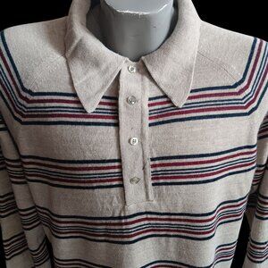 Men's Large Pullover Sweater Vintage Lord Jeff Beige Red Blue Stripes 1970's